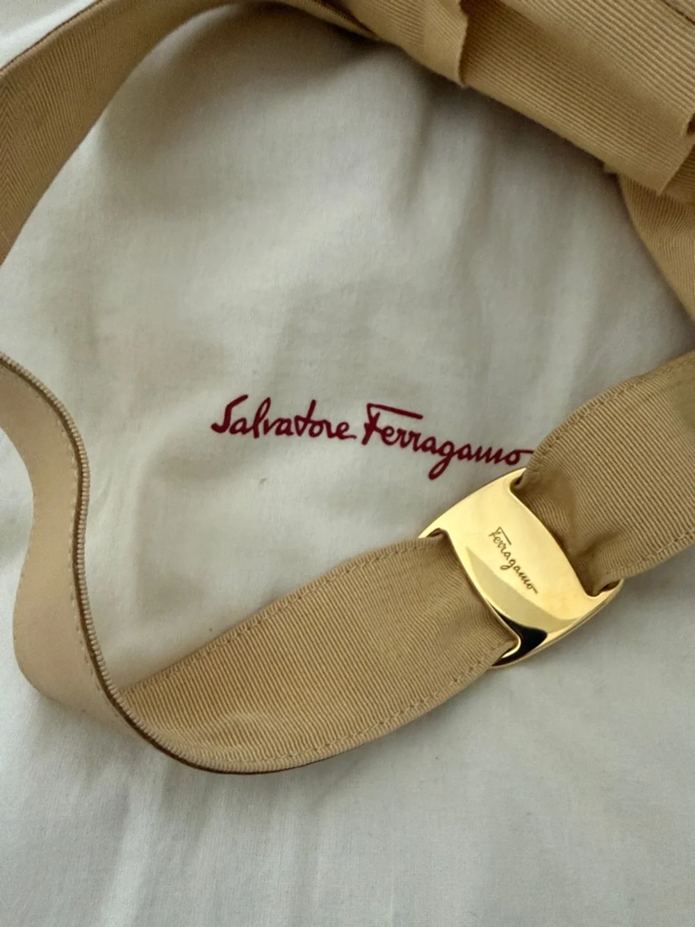Salvatore Ferragamo Tan Canvas Shoulder Bag with Gold Buckle - Picture 3 of 6
